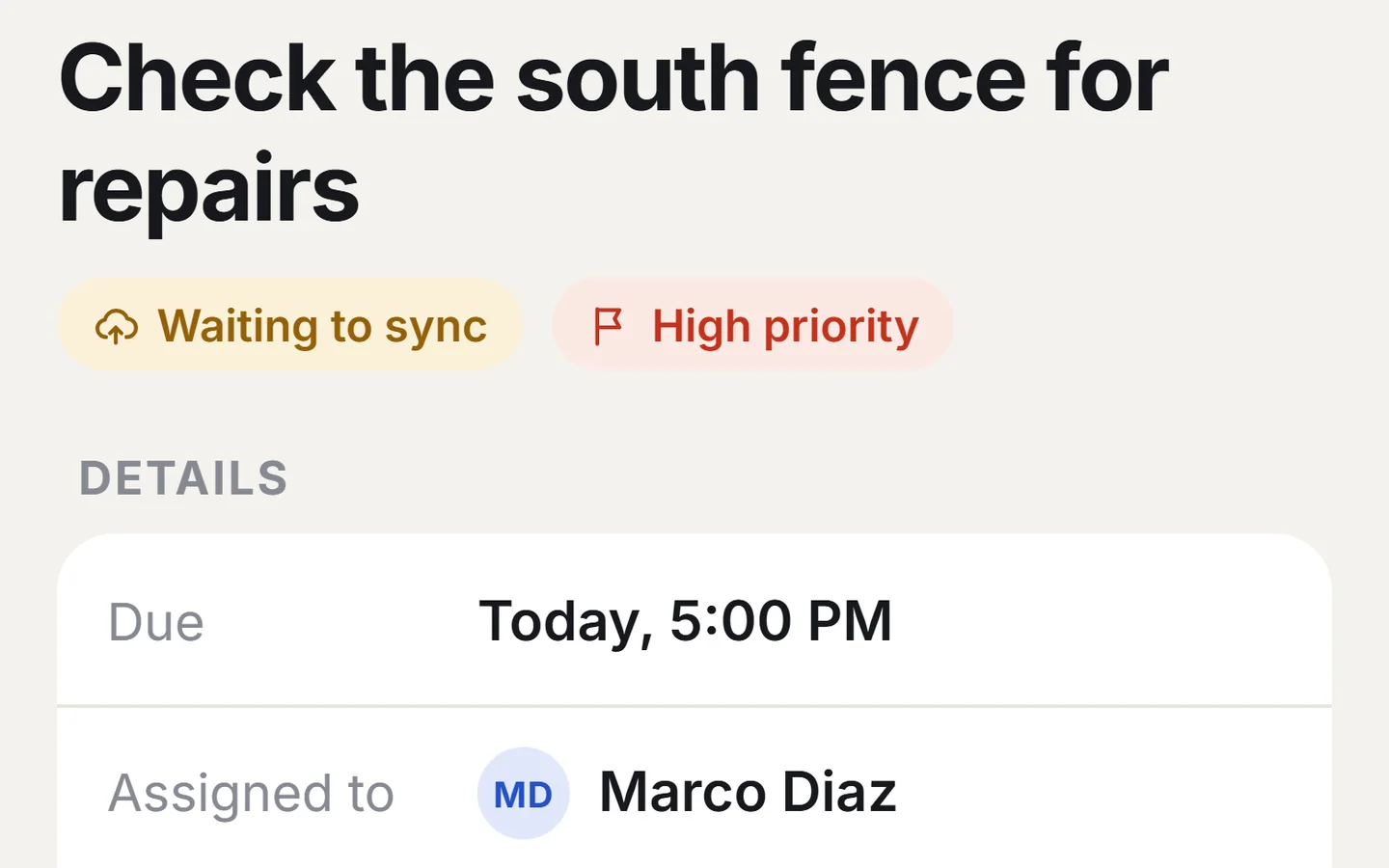 A voice-made task in the Pocket AI redesign concept: Check the south fence for repairs, waiting to sync, high priority, due today at 5 PM, assigned to Marco Diaz.
